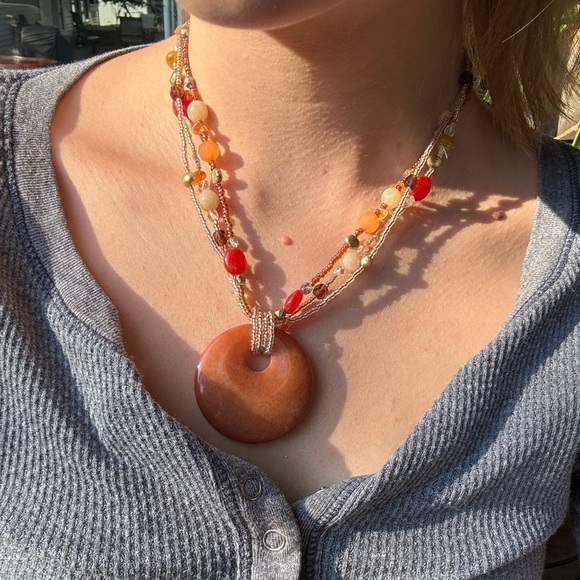 Multicolor Beaded Necklace with Circular Pendant - Picture 1 of 7